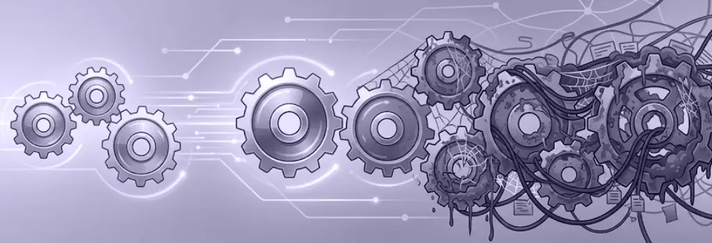 A sequence of gears accumulating rust and debris over a timeline, symbolizing systemic slowdown - How To Detect and Anticipate Moodle Performance Issues