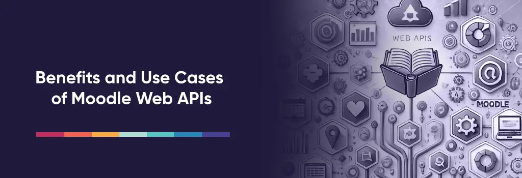 Open book with interconnected icons representing Moodle features, integrations, and API-driven use cases – Moodle Web Api Review and Examples of Use