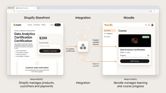 A Shopify course purchase triggering learner enrolment and course access in Moodle