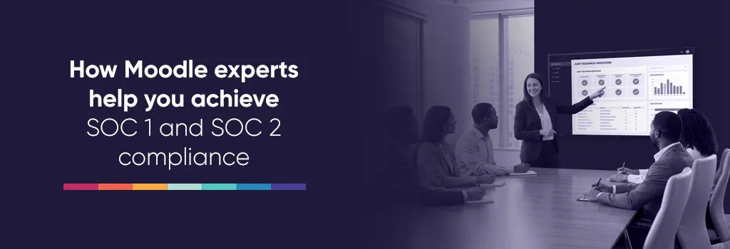 Achieving and Maintaining SOC 1 and SOC 2 Compliance with Moodle - Consultant explaining compliance steps to a team Achieving and Maintaining SOC 1 and SOC 2 Compliance with Moodle - Consultant explaining compliance steps to a team