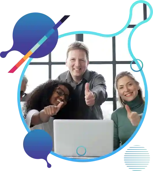 developer showing thumb and laptop screen showing green checkmark.