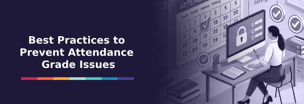 A woman reviews notes at her desk while her screen displays a lock and checklist icons – Moodle Attendance Grades Not Updating: How to Troubleshoot mod_attendance_update_user_status