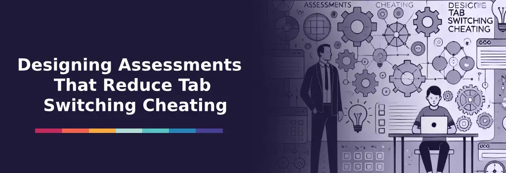 Illustrated learner at desk with gears, charts, and system icons representing structured assessment design – Can Moodle Detect Switching Tabs During Quizzes?