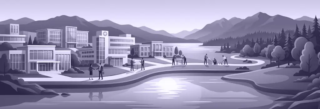 A mountain-side private campus with people collaborating and a winding path - Moodle Compliance for BC Private Training Institutions