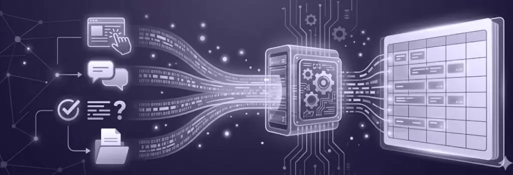 An illustration of user actions flowing as data streams into a structured digital log database in Moodle - How to Detect AI Bots in Moodle