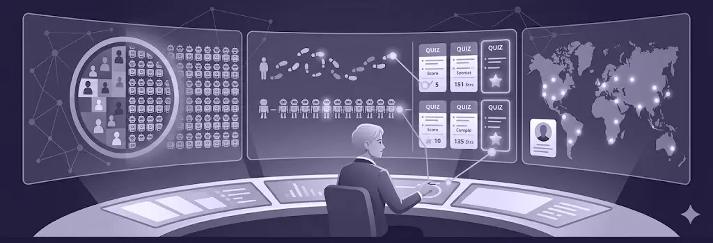 A modern vector illustration showing a multi-panel digital workspace where an analyst examines key anomalies and behavioral mismatch signals. - How to Detect AI Bots in Moodle
