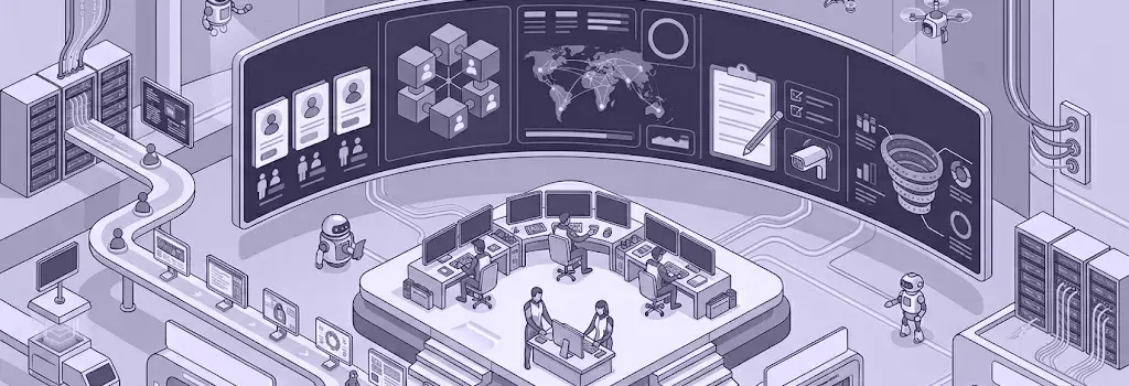 A large high-tech command center with operators monitoring a massive multi-panel data screen and world map - Moodle Compliance for BC Private Training Institutions