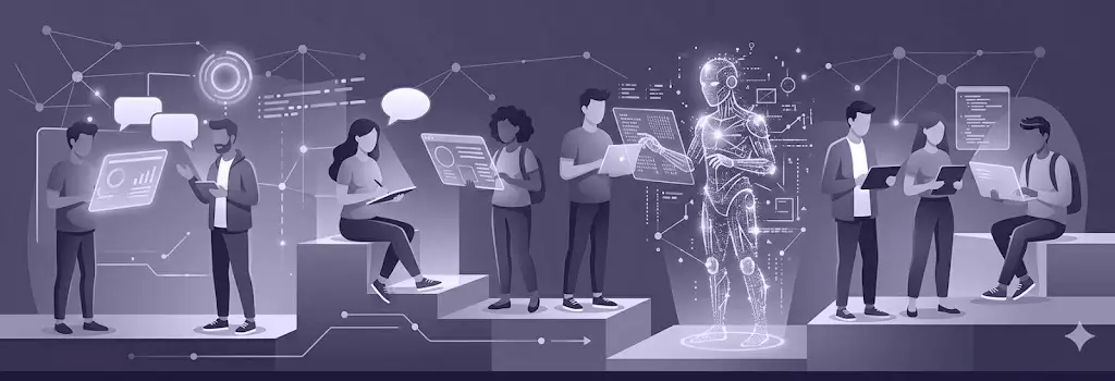 An illustration of a digital entity avatar among human student profiles on platforms. - How to Detect AI Bots in Moodle