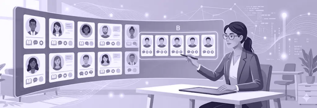 A teacher in a modern office compares diverse user activity cards with identical, robotic cards. - How to Detect AI Bots in Moodle