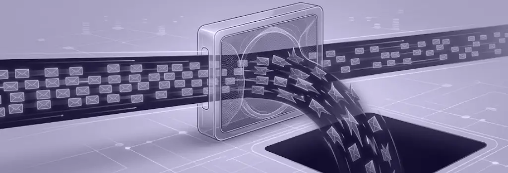 A security portal deflects a dark red attack stream, letting blue traffic pass - Defending Moodle Against Hackers.