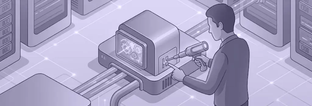 An isometric illustration of a technician re-coupling a glowing conduit on a central task hub to restart stalled automated modules. - Moodle Cron Not Running: Common Symptoms, Causes, and Fixes