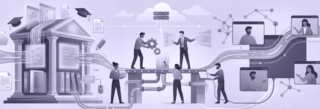Wide illustration of technical infrastructure connecting a library with video call screens - Strategies for Deploying Jitsi with Moodle
