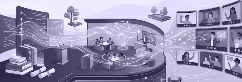 Wide illustration of people connecting a library building to video screens - Strategies for Deploying Jitsi with Moodle