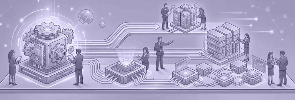 IT professionals setting up a main integration machine, servers, data paths, and monitoring dashboards. - Moodle Video Conference Integration Options.