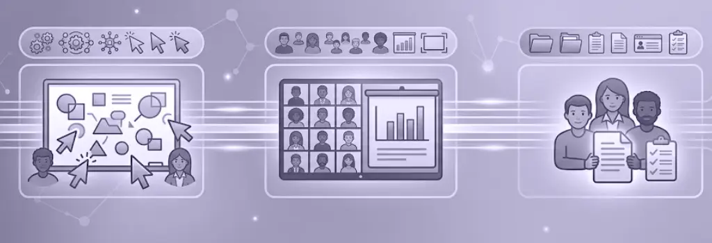 Network showing flowchart collaboration, video grid meetings, group documentation analysis - Moodle Video Conference Integration Options.