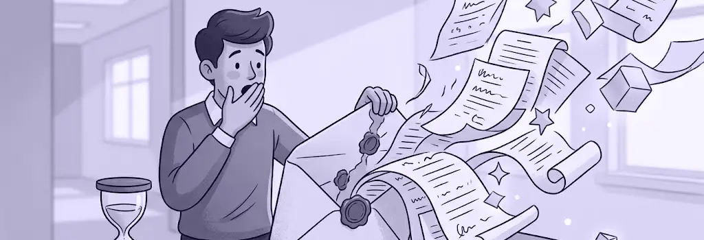 Student shocked by scrolls bursting from a premature envelope next to an hourglass. - Seven Common Moodle Assignment Problems and How to Solve Them