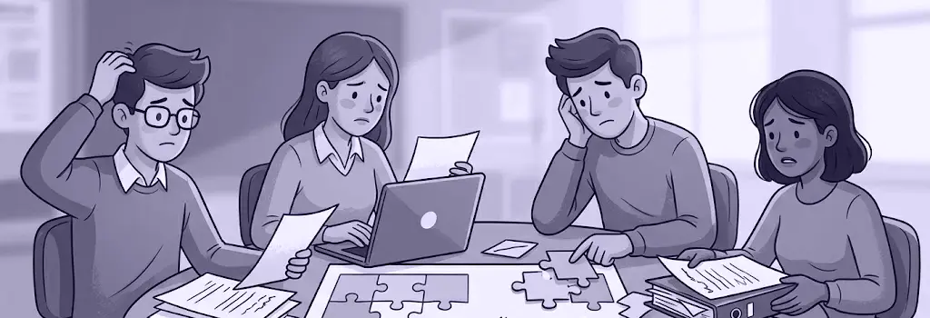 Stressed students fail to assemble a complex puzzle together - Seven Common Moodle Assignment Problems and How to Solve Them