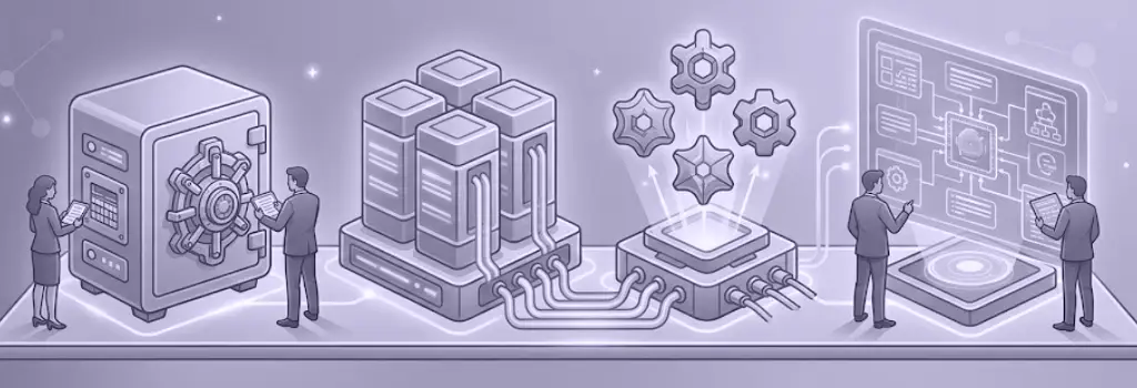 Figures secure a vault, check data servers, and monitor a glowing processor and screen - Moodle Video Conference Integration Options.