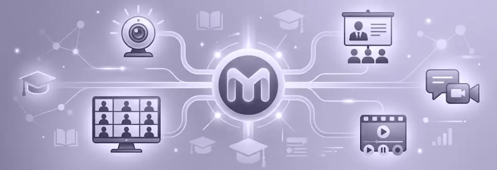 A glowing 'M' links to icons for video meetings and recordings - Moodle Video Conference Integration Options.