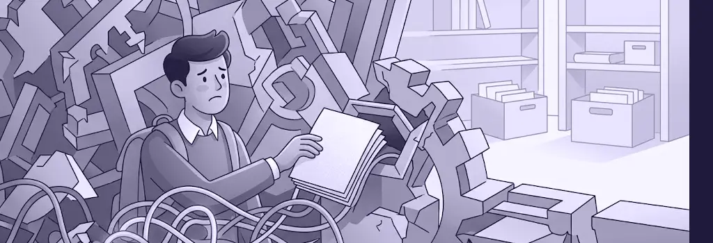 Distressed student with papers trapped by complex machinery - Seven Common Moodle Assignment Problems and How to Solve Them