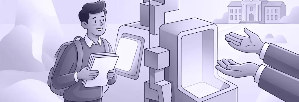 Confident student holds papers while empty hands wait - Seven Common Moodle Assignment Problems and How to Solve Them