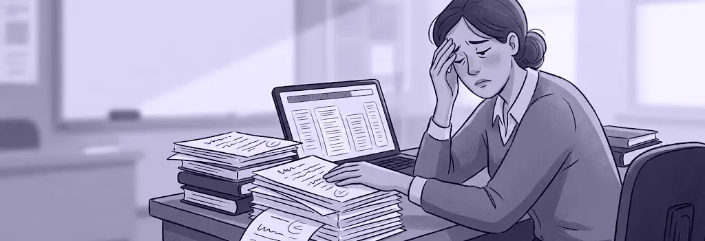 Exhausted teacher buried under towering stacks of ungraded assignments and a laptop - Seven Common Moodle Assignment Problems and How to Solve Them