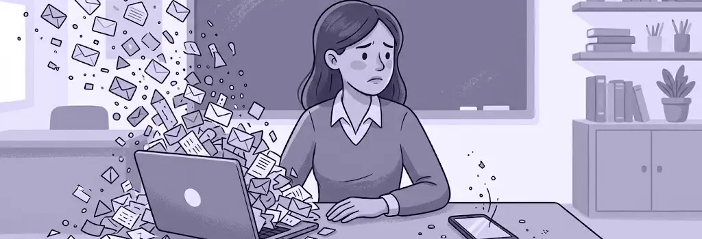 Stressed teacher at desk overwhelmed by exploding mail from a laptop and a silent phone - Seven Common Moodle Assignment Problems and How to Solve Them