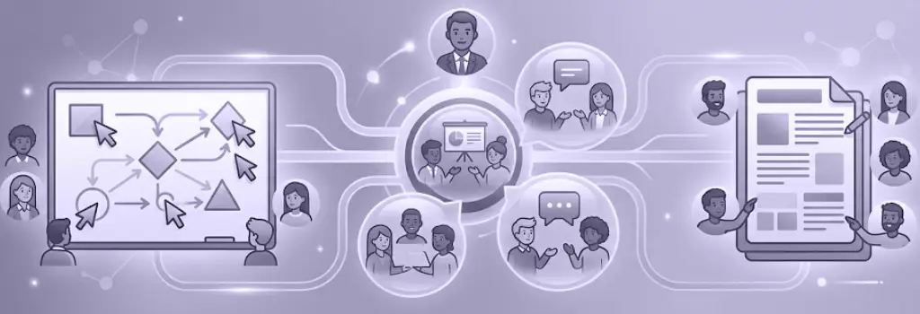 Flowcharts, group discussions, and document editing connected by glowing data paths - Moodle Video Conference Integration Options.