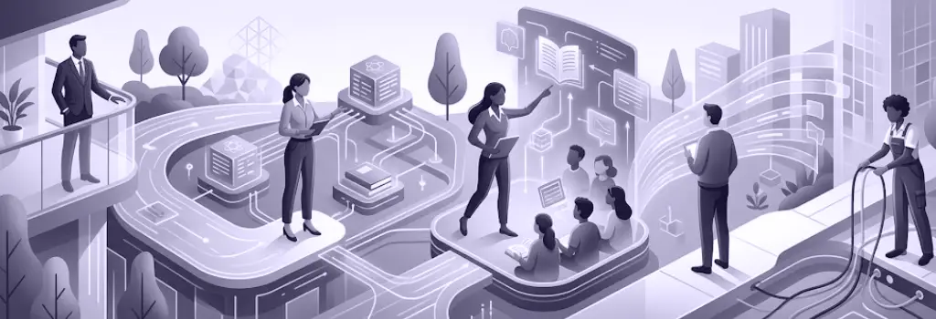 An interconnected digital landscape of data paths, specific roles, and servers shows how systemic complexity can lead to failures. - Why Moodle Roles and Permissions Stop Working