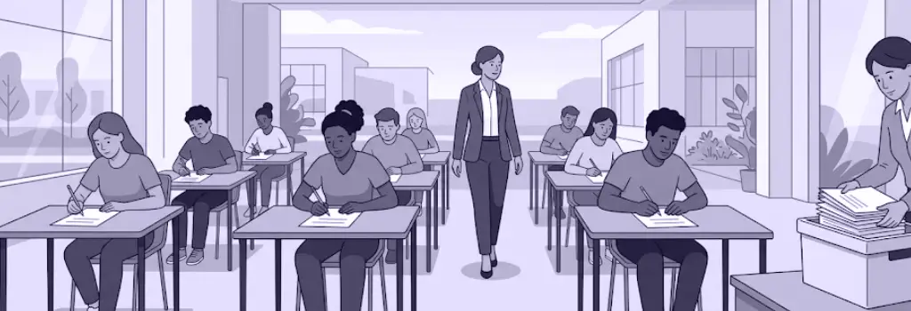 Students take in-person, proctored paper exams while teachers collect them - How Schools Can Use Moodle for In Person, Offline, and Paper Based Exams