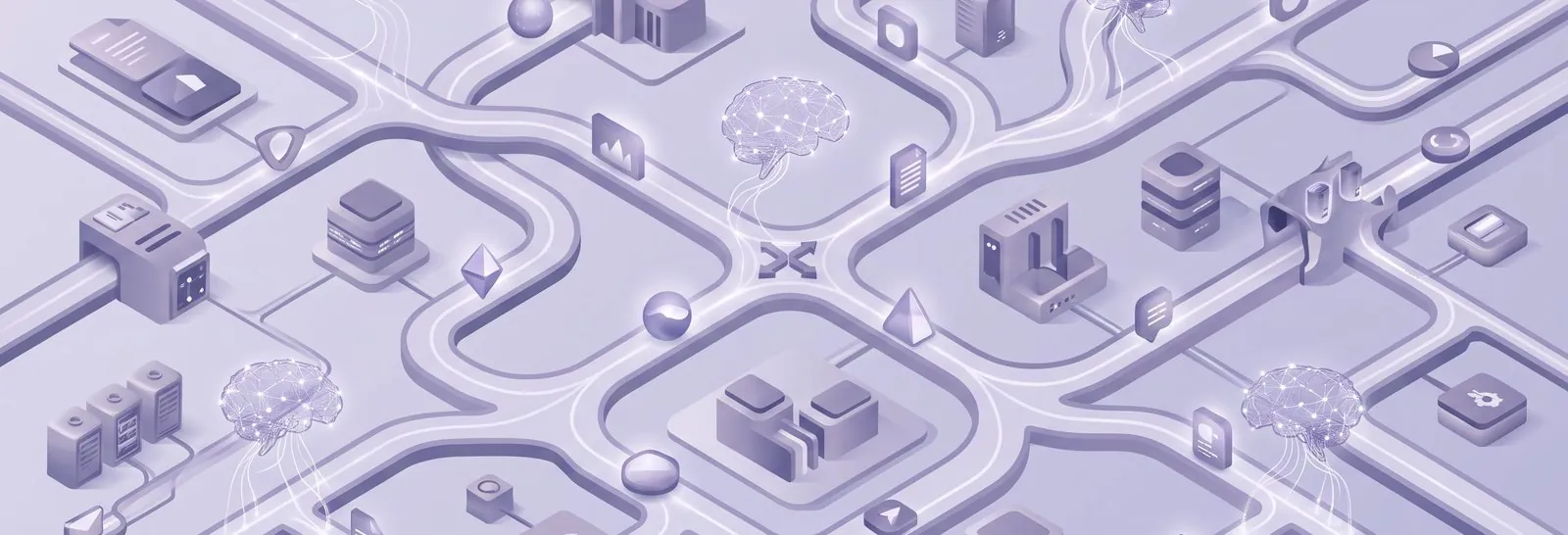 Isometric network of servers, dashboards, and AI nodes, depicting expert support to schedule Moodle custom reports