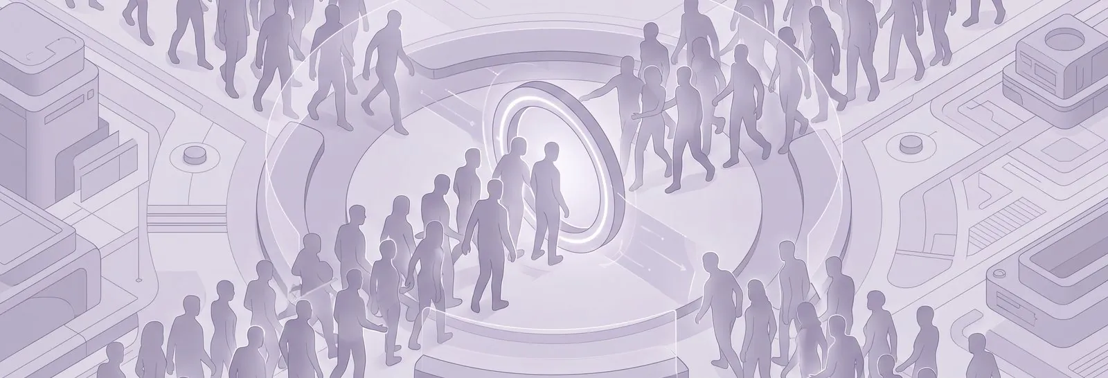 Numerous shimmering silhouettes converge on a glowing portal, illustrating the chaotic challenge to protect Moodle course content