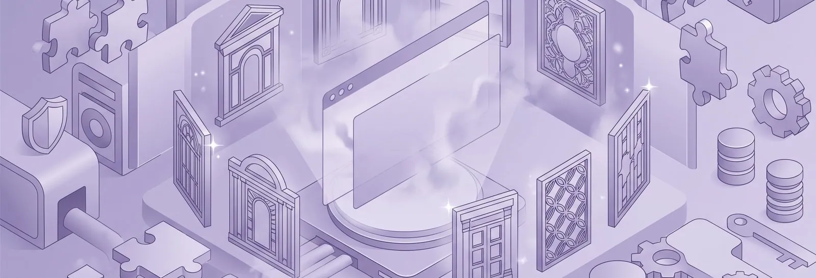 Browser window ringed by ornate doors, panels, and puzzle pieces, depicting theme and plugin control of Moodle banners based on user roles