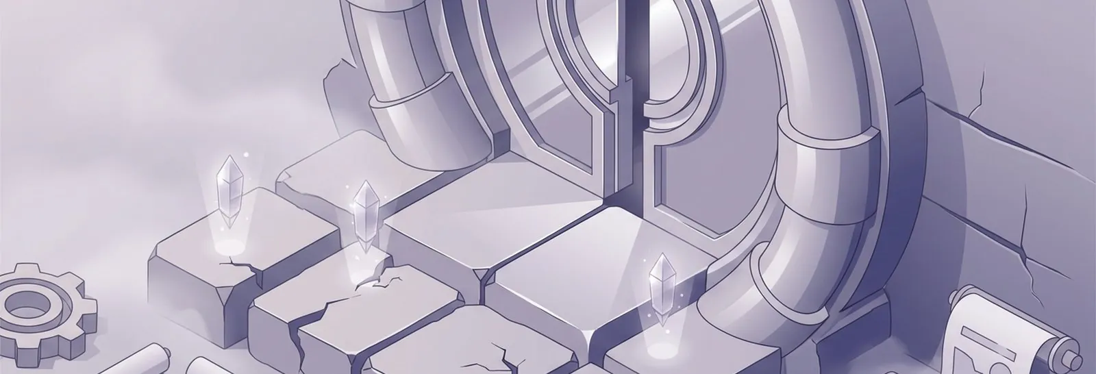 Cracked stone steps set with glowing crystals leading up to a sealed circular vault door, representing institutional readiness for Moodle LLM