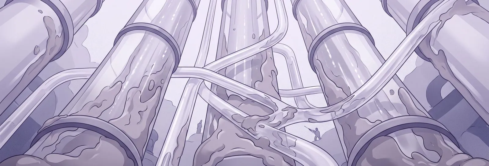 Large glass pipes carrying flow overhead with a small figure standing below, showing how one change upstream produces Moodle cache issues downstream
