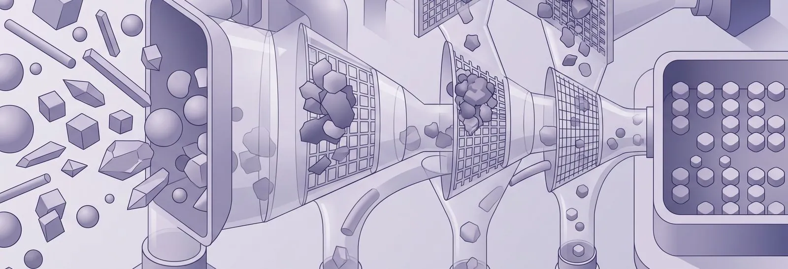 An overhead view illustrates how a multi-stage filtration system attempts to convert H5P SCORM content, trapping larger forms while only uniform elements pass through