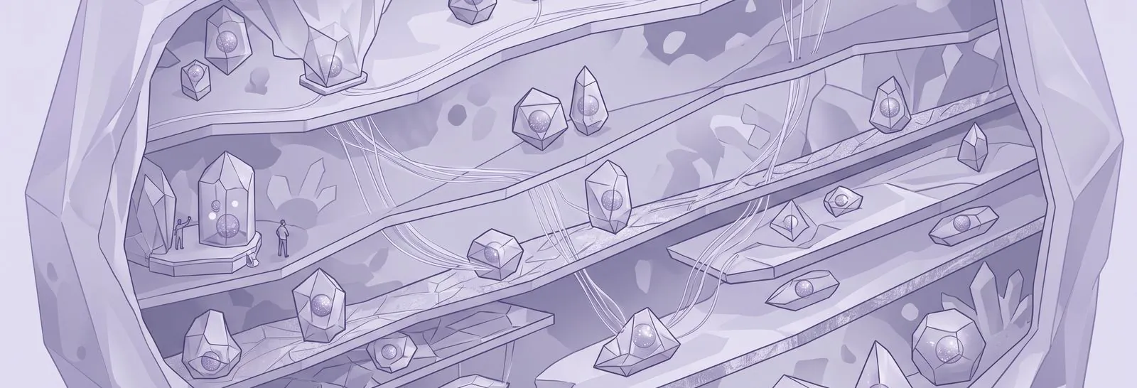 A cutaway of rock showing four distinct horizontal strata with crystals embedded at every level, a picture of the separate caching layers behind Moodle cache issues