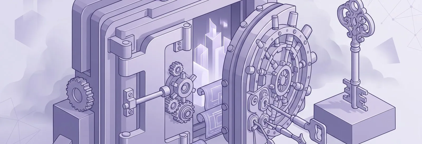 An open isometric vault beside an ornate key on a pedestal, an illustration of delegating moodle course creation permissions