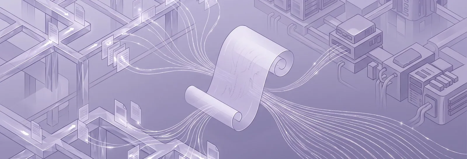 Log scroll gathering glowing streams from documents and servers, showing how Moodle can natively track file downloads