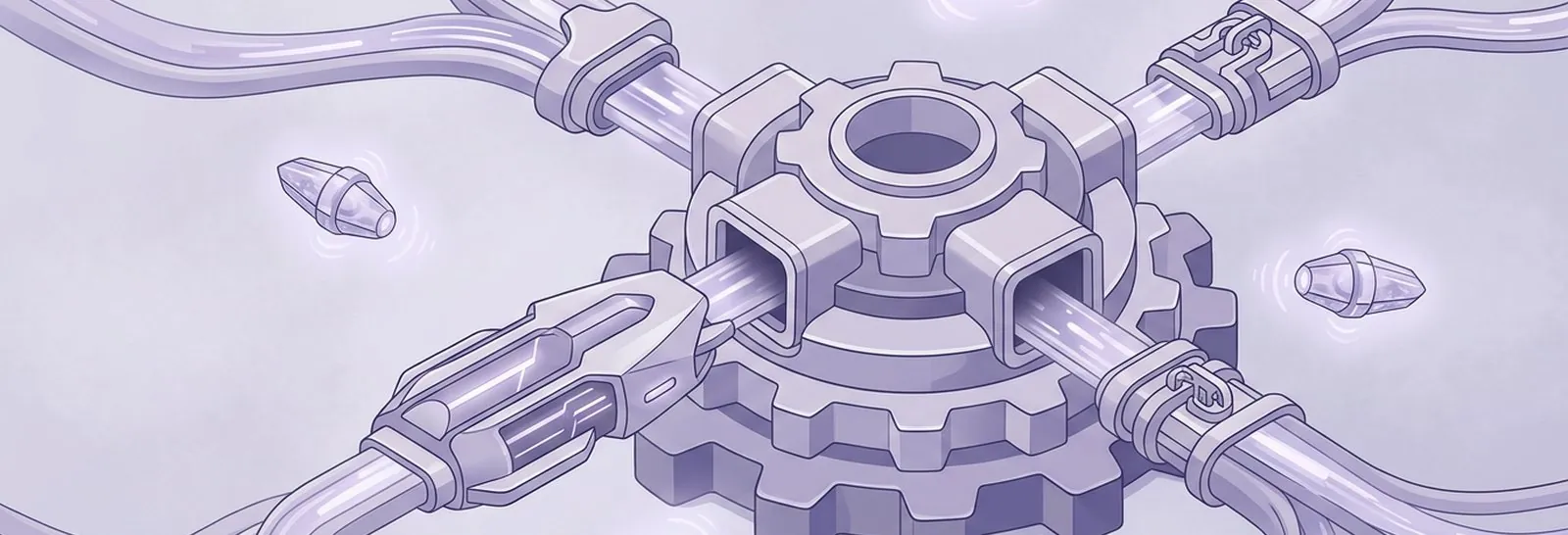 Central gear hub with conduits radiating outward and data capsules in transit, showing the technical considerations behind Moodle LLM integration