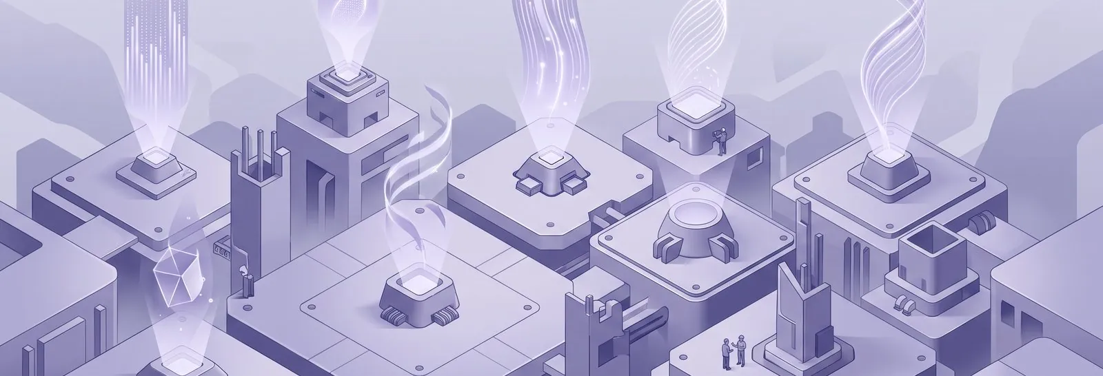 Isometric platforms each projecting a different beam of content, illustrating Moodle banners based on user roles