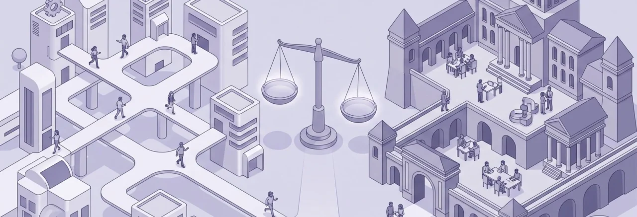 A slightly elevated, wide-angle perspective captures two distinct, sprawling educational (learndash vs moodle)