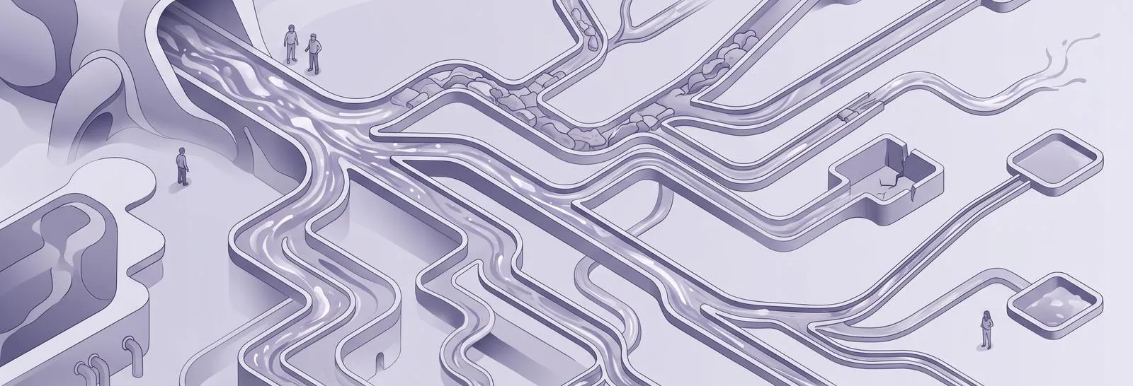 A vibrant stream of updates flows through a branching network of channels, illustrating challenges to convert H5P SCORM content effectively