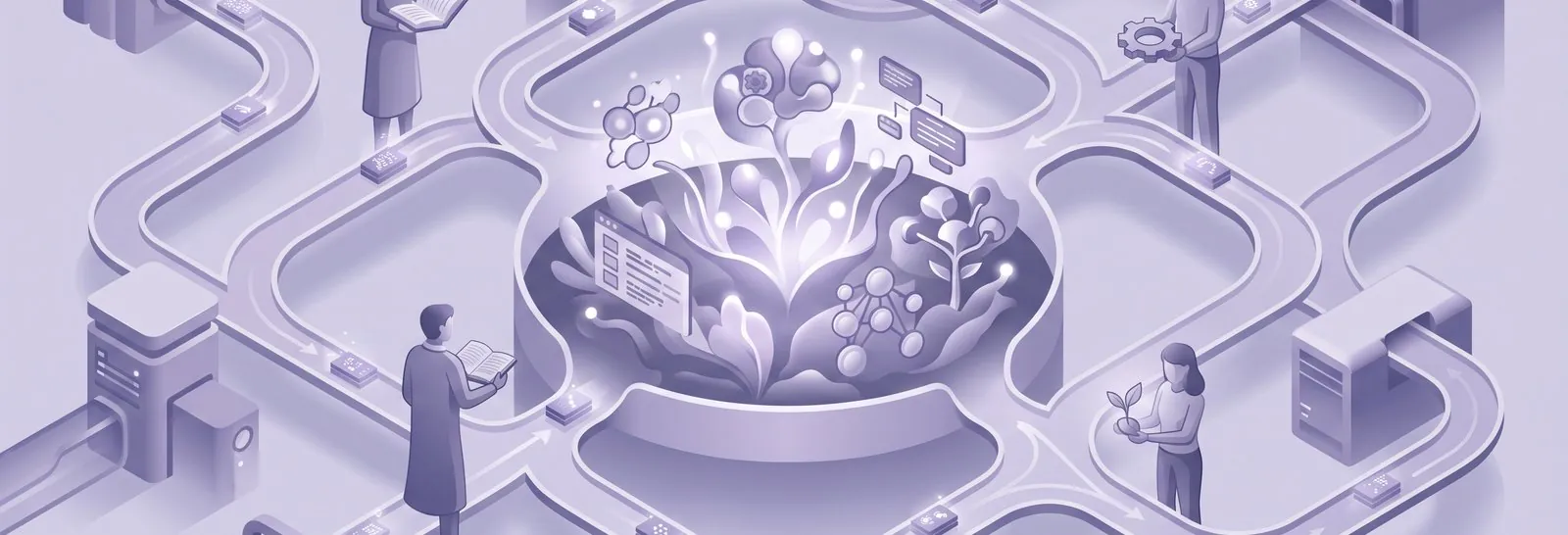 A glowing knowledge garden at the centre of an ecosystem, with pathways and guardian figures depicting how to protect Moodle course content