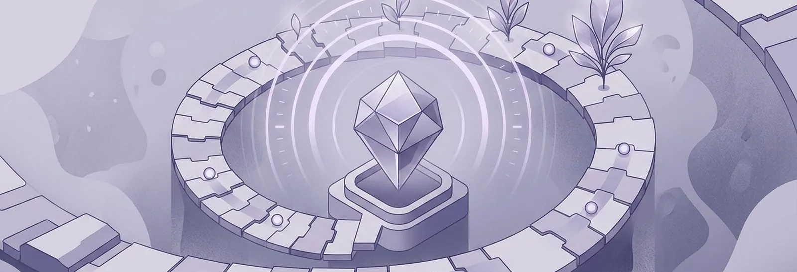 Faceted crystal on a plinth sending concentric rings across a circular arena ringed with sprouting shoots, representing how Moodle LLM impact is measured