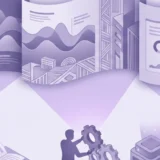 Fanned-out banner panels with charts projected above people assembling gears, illustrating Moodle banners based on user roles