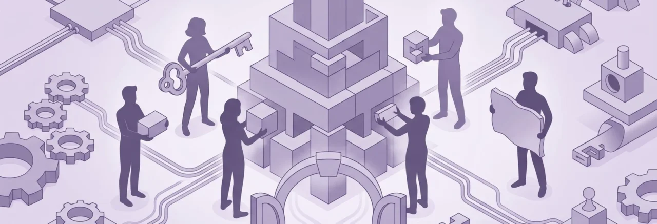 Figures assembling a layered course structure around a single oversized key, an illustration of moodle course creation permissions