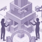 Figures assembling a layered course structure around a single oversized key, an illustration of moodle course creation permissions