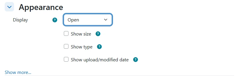 Moodle File resource settings, Appearance section, with the Display option set to Open so the file opens in its own browser tab