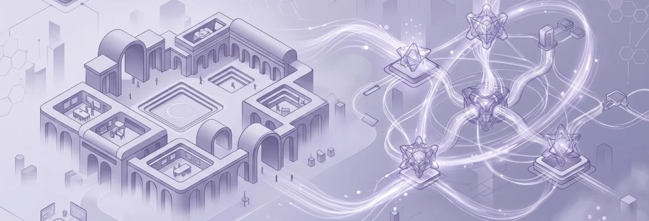 Wide institutional campus scene with data streams flowing between buildings and a glowing neural core, illustrating moodle llm readiness